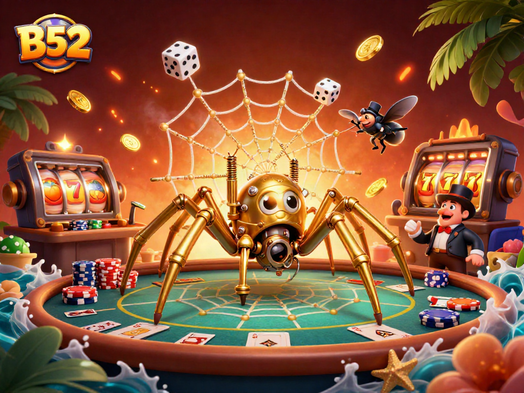 Engage in thrilling B52 casino games with poker, spins, and vibrant gold animations.