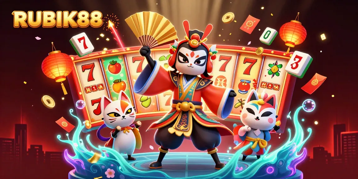 Experience the thrill of RUBIK88 with a dynamic 3D scene of casino elements and characters.