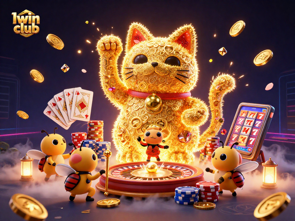 Iwin club offers exciting gaming experiences with a golden lucky cat and vibrant casino elements.