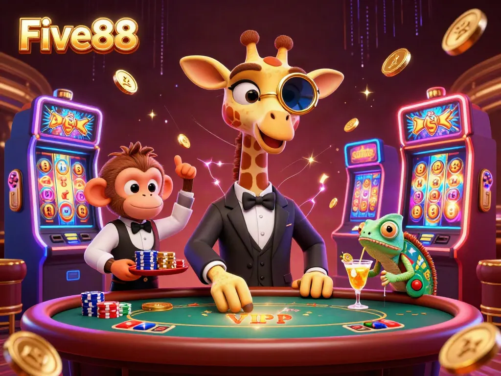 Experience the excitement of Five88 casino with vibrant characters and slot machines in action.