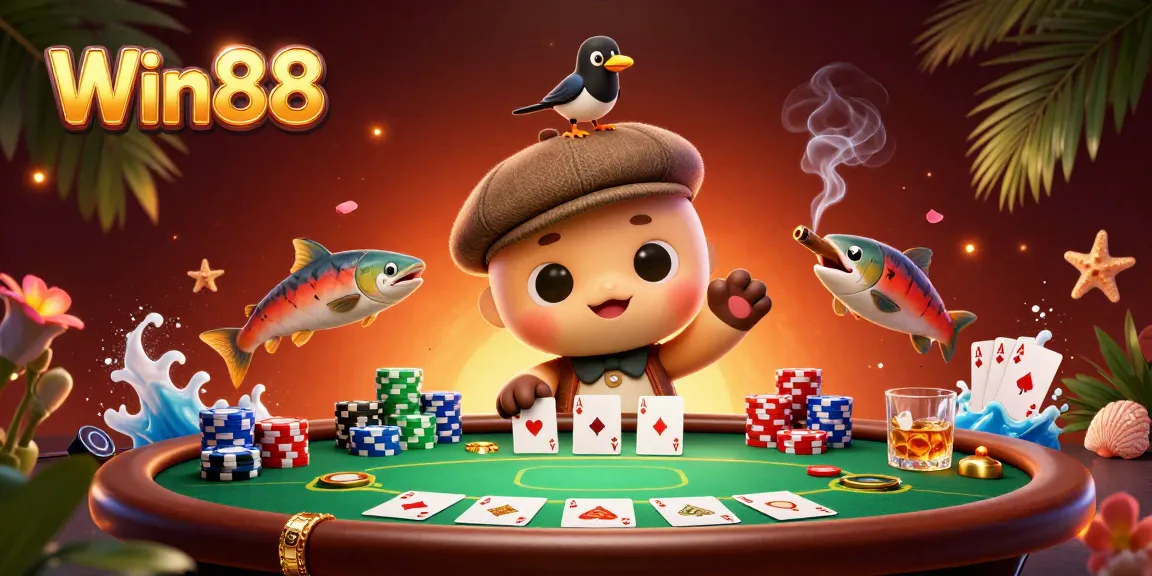 Experience the excitement of Win88 with adorable character action surrounded by vibrant poker elements.