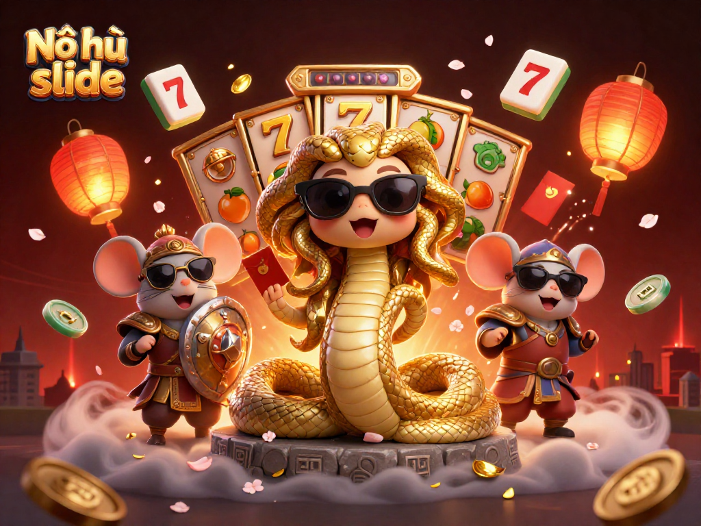 Nổ hũ slide captivates with 3D characters celebrating big wins surrounded by slot game elements and confetti.