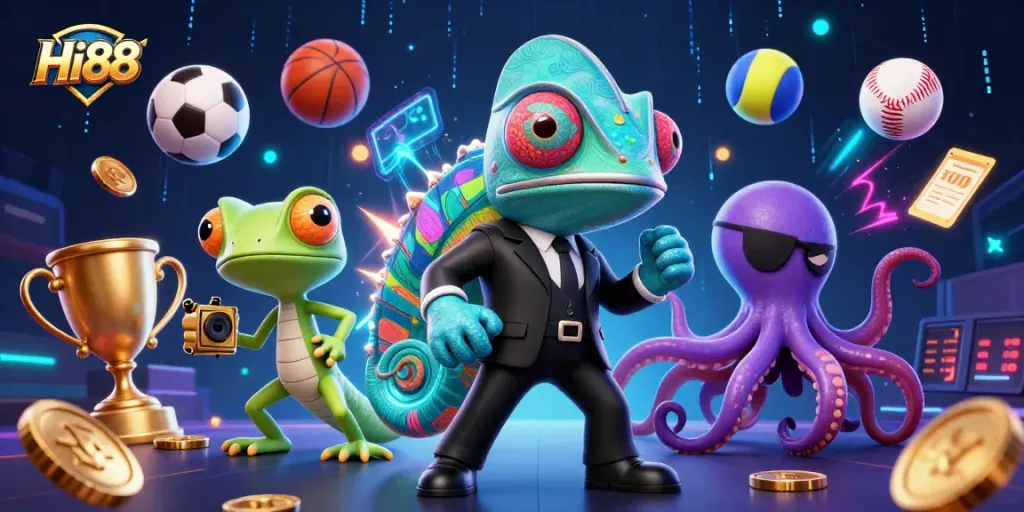 Experience thrilling gameplay at Hi88 with a dynamic 3D scene of colorful characters embodying casino excitement.
