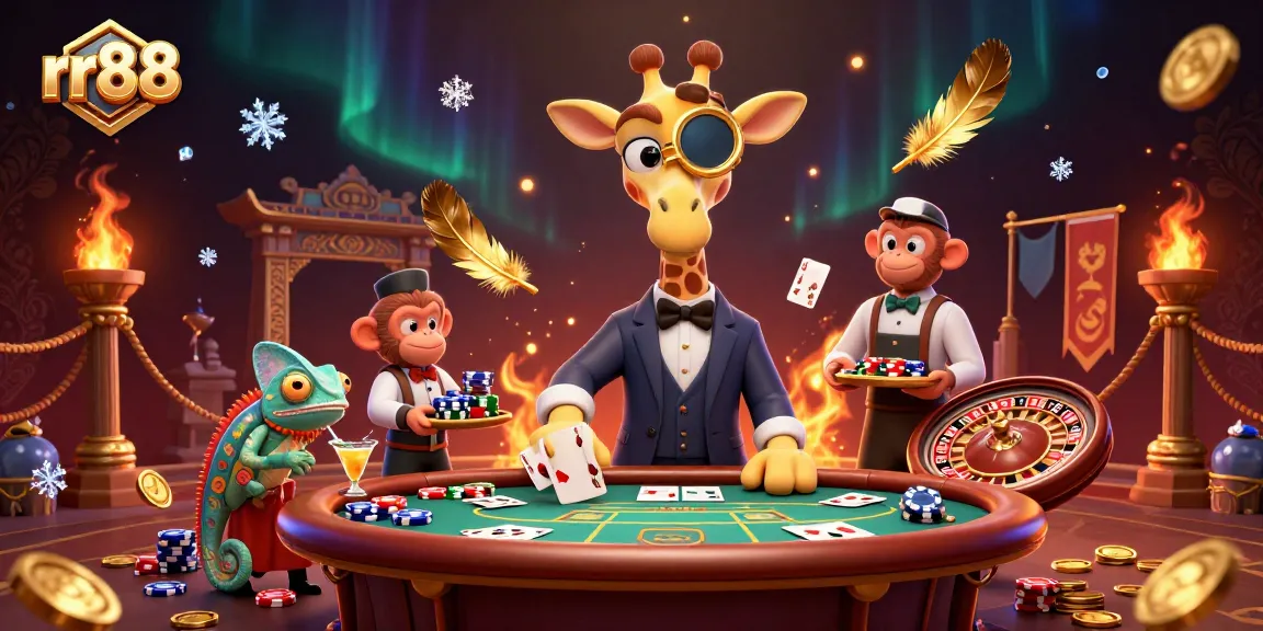 Engage with the thrilling world of rr88 at a vibrant VIP poker table featuring a high-roller giraffe.