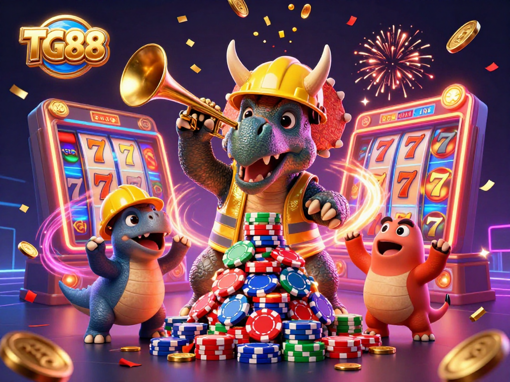 TG88 players experiencing an exciting gaming atmosphere with lively characters celebrating casino wins.