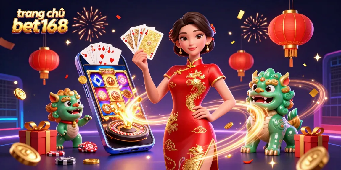 Engage with the vibrant mundo of trang chủ bet168, where an elegant woman in a qipao showcases golden cards surrounded by enchanting casino elements.
