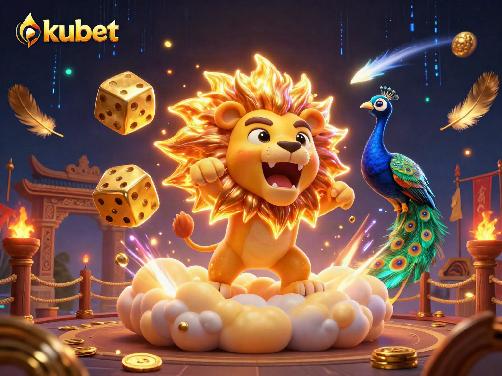 Kubet offers thrilling bets with a roaring lion and cosmic dice in a vibrant casino scene.