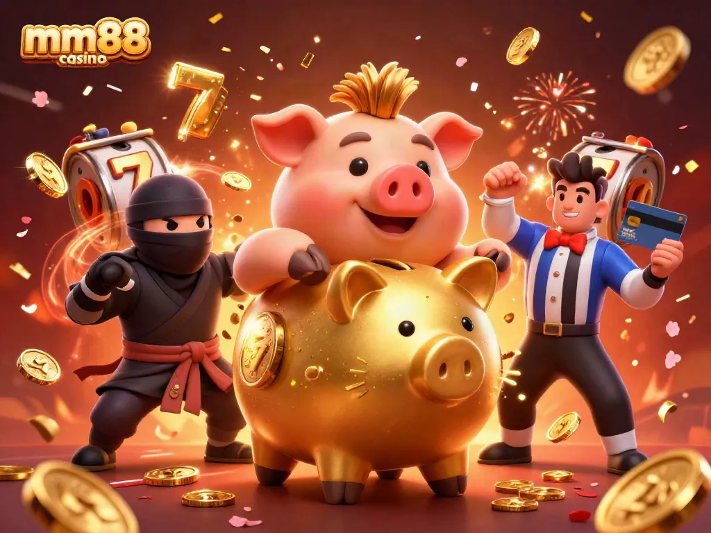 Experience the excitement of mm88 casino with a dynamic scene featuring a golden piggy bank sumo wrestler and a wallet-ninja amidst floating slot reels and festive decorations.