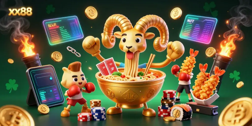 Engage in casino fun with the xx88 giant ramen bowl character dealing cards amidst vibrant crypto coins.