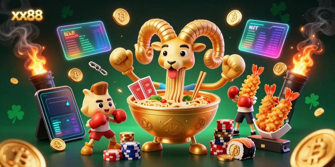 Engage in casino fun with the xx88 giant ramen bowl character dealing cards amidst vibrant crypto coins.