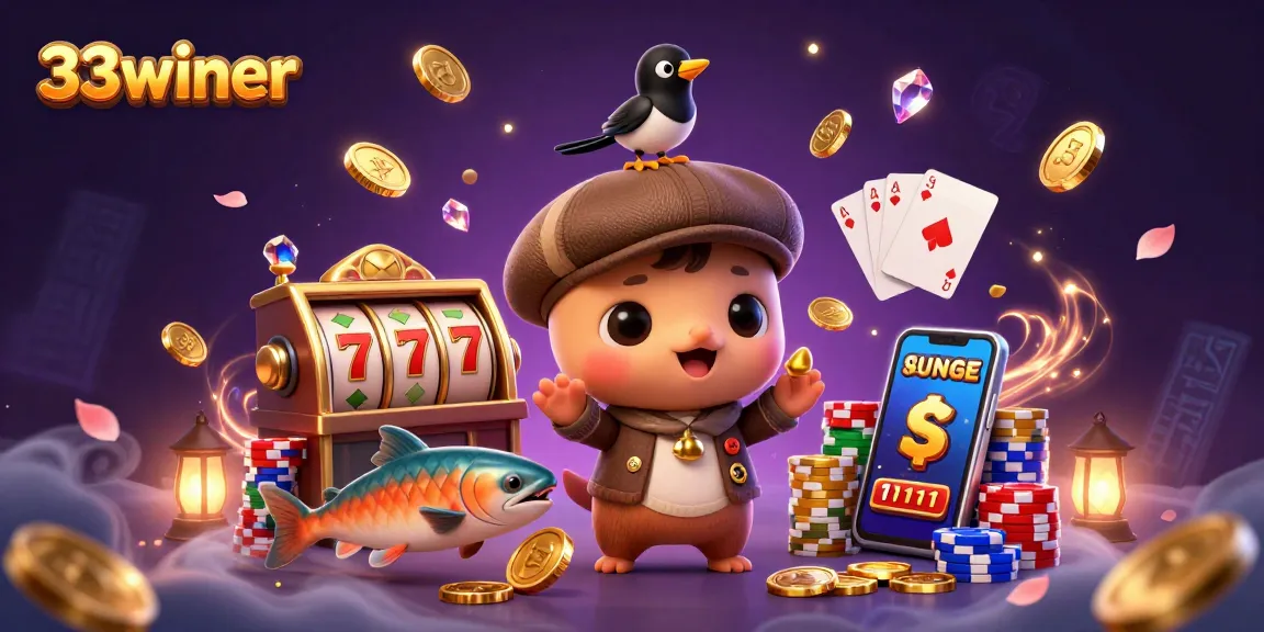 Experience thrilling wins with 33winer's playful casino scene featuring vibrant slot reels.