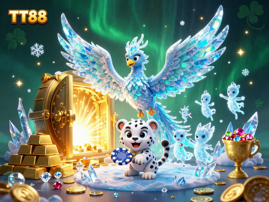 Experience the magic of TT88 as the ice phoenix dances in a vibrant casino realm filled with treasures.