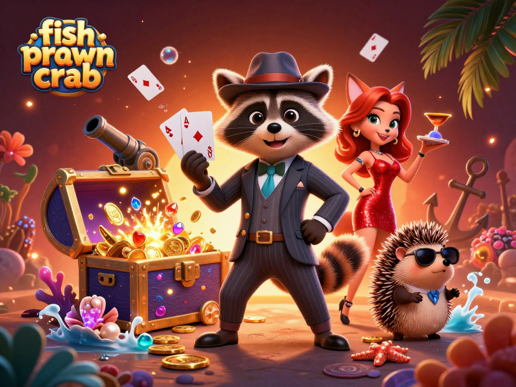 Engage in the thrilling fish prawn crab game with a charming raccoon and fox amidst treasure.