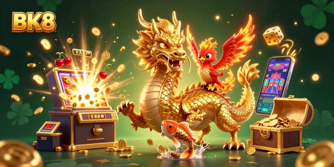 Experience big wins with BK8 as the golden dragon, phoenix, and koi fish celebrate in an enchanting casino scene.