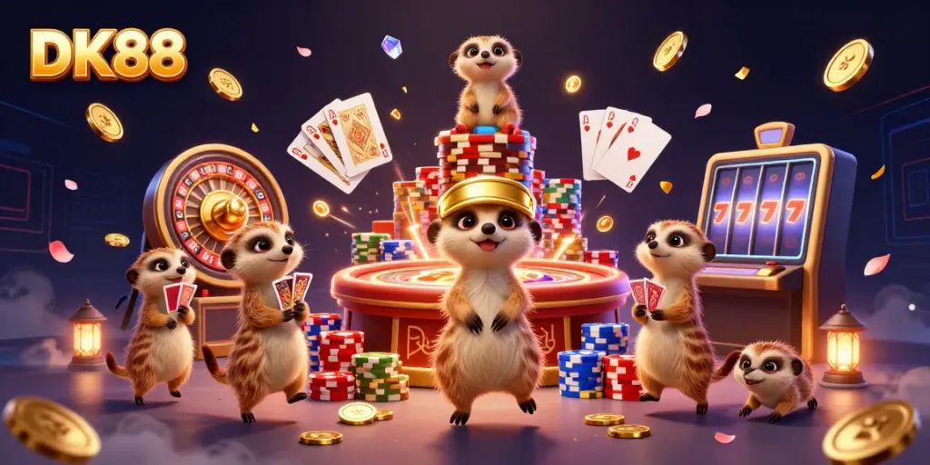 Win big at DK88 with meerkats hosting a vibrant casino scene filled with games and excitement.