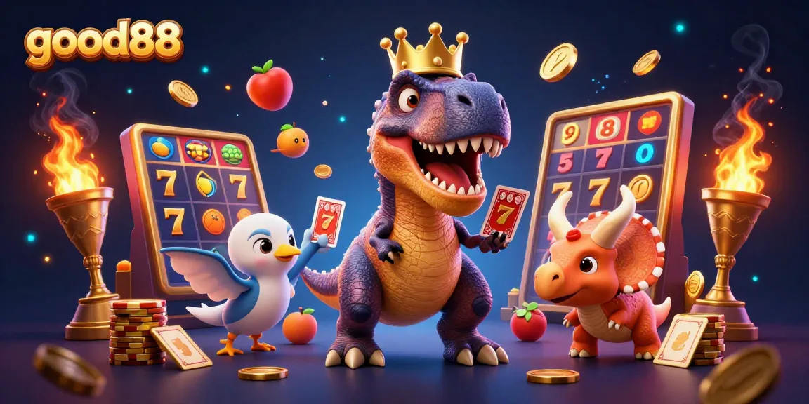 good88 showcases a friendly T-Rex heroically shuffling cards with dinosaur companions in an exciting casino scene.
