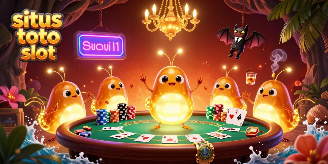 Experience the joy of situs toto slot with vibrant glowworms lighting a lively poker table scene.
