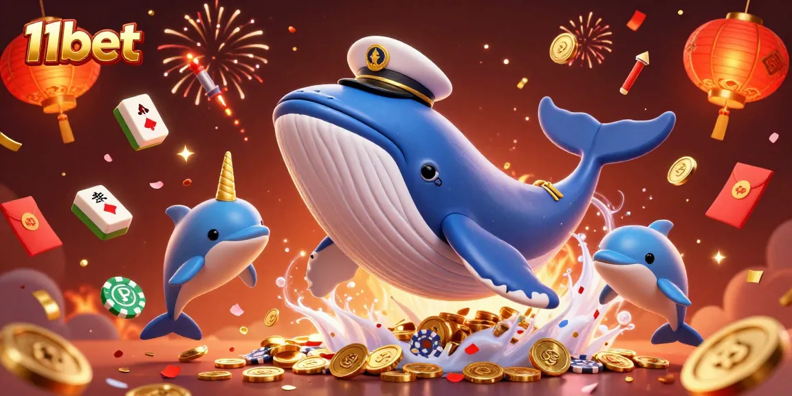 Engage with 11bet's vibrant casino world, featuring a colossal whale and whimsical dolphins amidst riches.