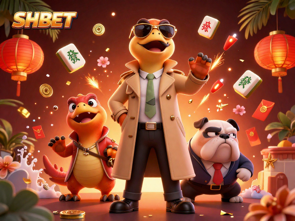 Experience SHBET's vibrant casino atmosphere with playful raptors and a bulldog bouncer amidst dynamic gambling elements.