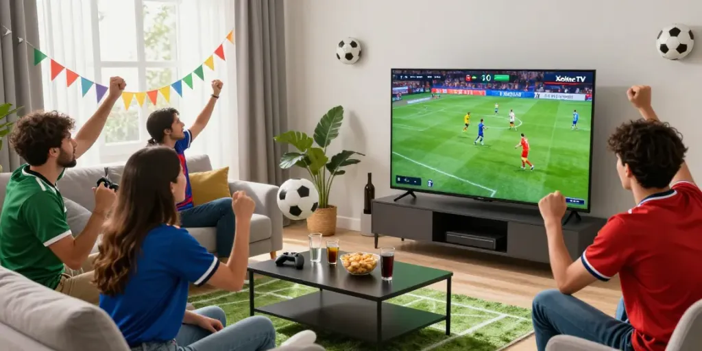Excited friends watching Xoilactv football match in a lively living room setting.