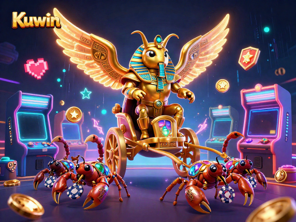 Kuwin brings excitement to the game with golden scarab beetles and poker chips flying around in a vibrant casino scene.