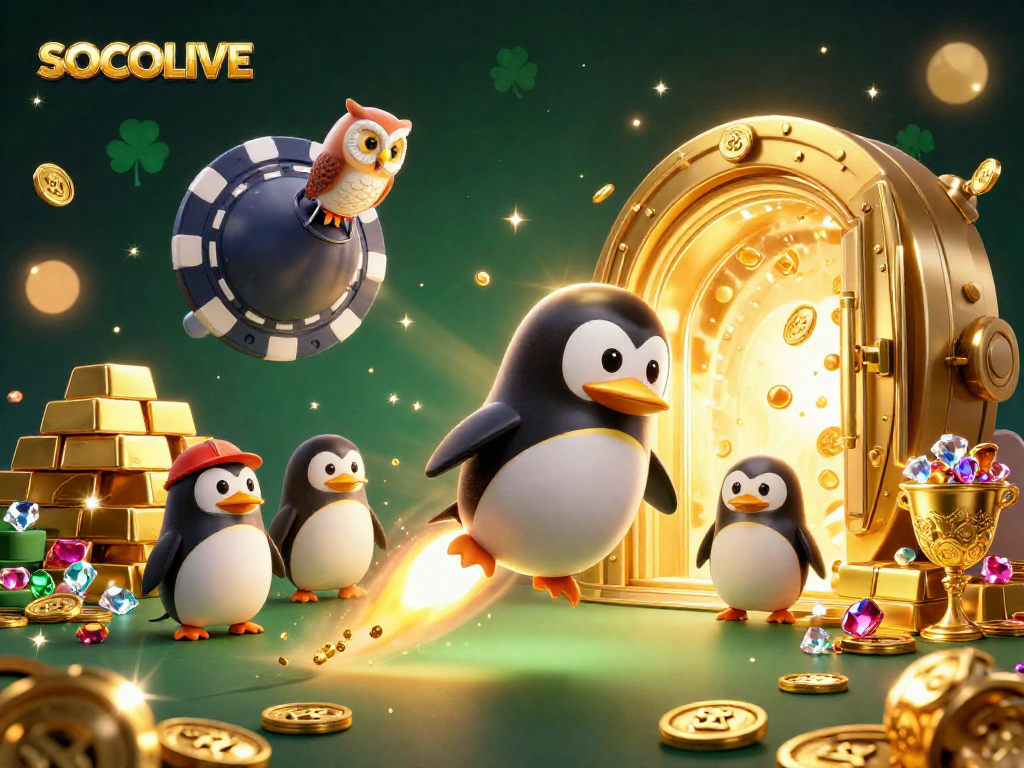 SOCOLIVE offers an exciting view of a vibrant gaming galaxy showcasing a dynamic penguin in a casino setting.