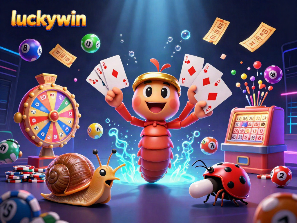 Experience luckywin excitement with a vibrant 3D illustration of a millipede dealer and colorful lottery elements.