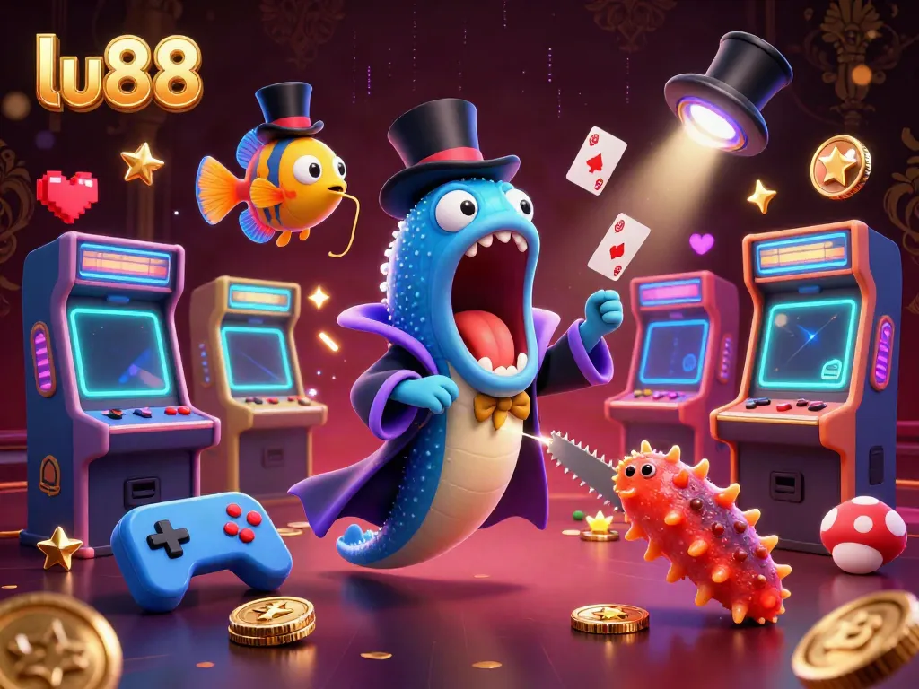 Experience the magic of lu88 with a bioluminescent eel performing card tricks in a rich casino scene.