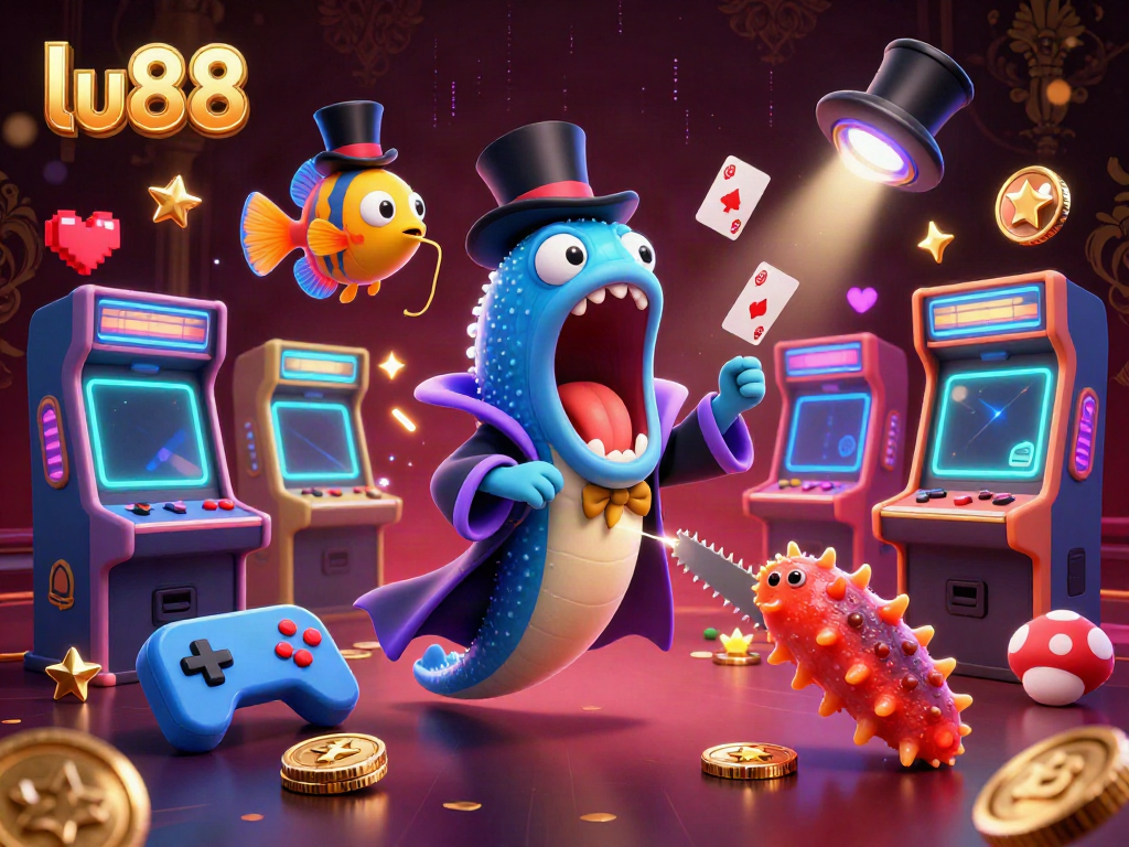 Experience the magic of lu88 with a bioluminescent eel performing card tricks in a rich casino scene.