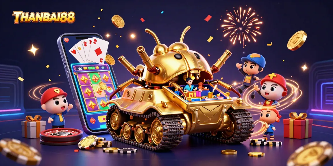 Engage with THANBAI88's exciting mini casino scene featuring a golden beetle tank, casino patrons, and vibrant gaming elements.