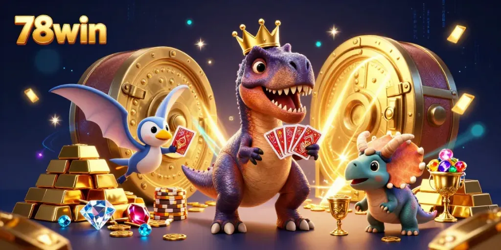 Engage with the excitement of 78win, where animated characters shuffle cards and stack chips in a vibrant casino illustration.