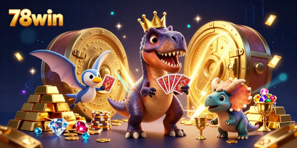 Engage with the excitement of 78win, where animated characters shuffle cards and stack chips in a vibrant casino illustration.