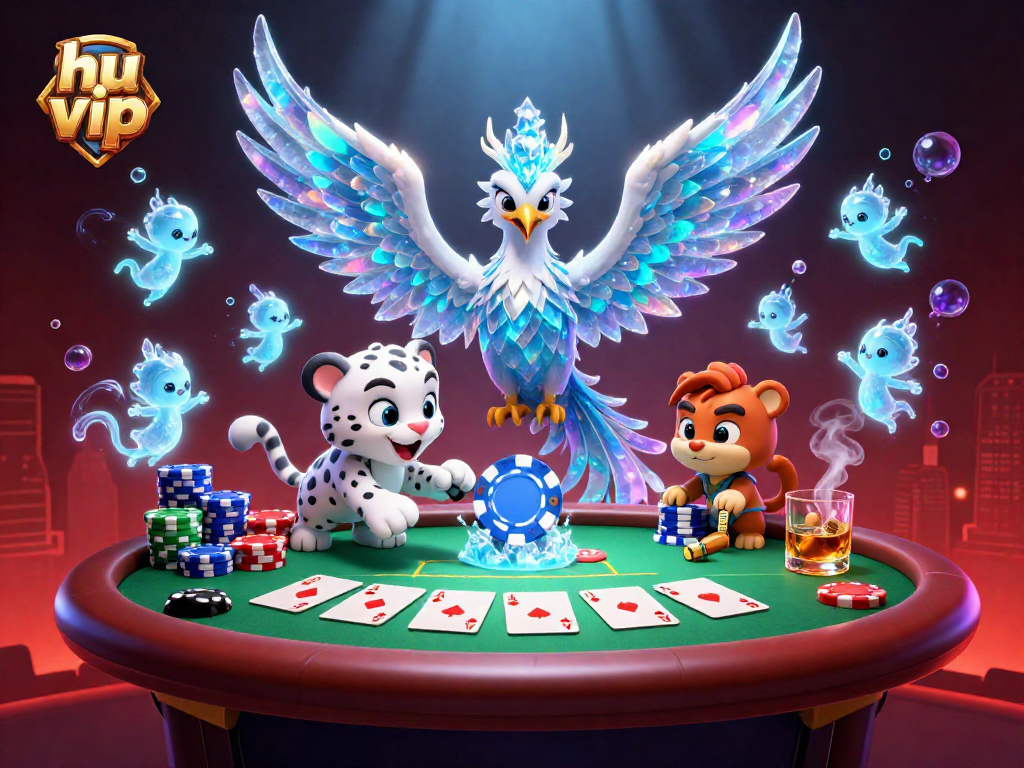 Elevate your gaming experience with hu vip, showcasing a vibrant 3D scene filled with poker elements and ice-themed characters.