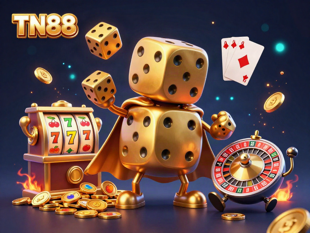 Engage with TN88 in a vibrant casino scene featuring golden dice, slot reels, and lively game elements.