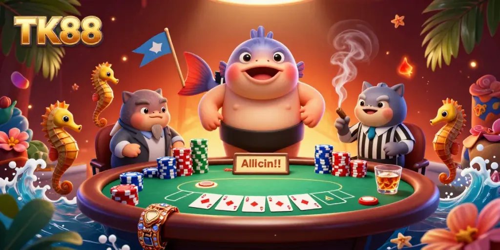 TK88 showcases a vibrant casino scene with a cartoon fugu surrounded by poker action, enhancing gaming excitement.