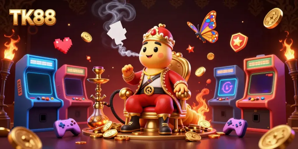 Experience the luxury of TK88 casino with vibrant gaming elements and a dynamic caterpillar master.