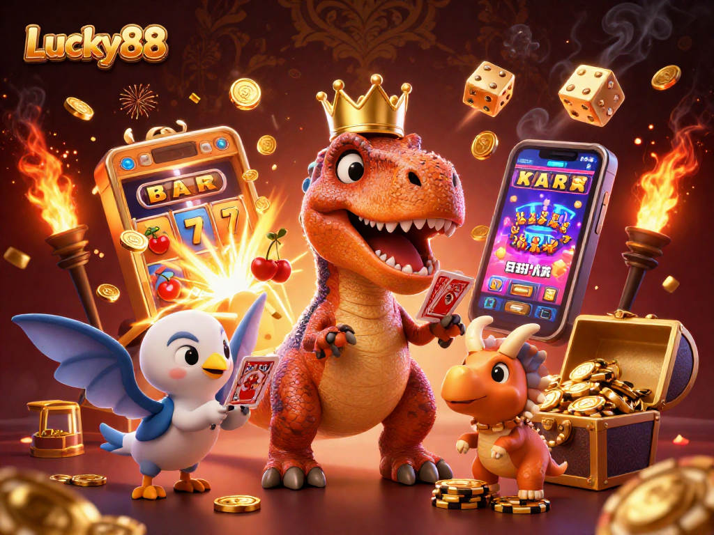 Experience thrilling gameplay with Lucky88 featuring a friendly T-Rex and vibrant casino elements.
