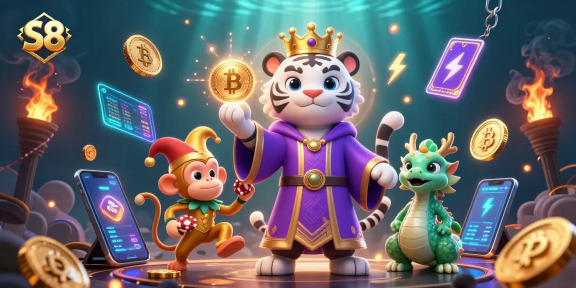 Engage in thrilling gaming at S8 with a whimsical illustration featuring a regal tiger, a playful monkey, and mystical elements.