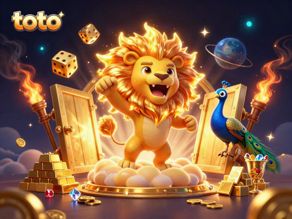 Engage in thrilling toto gameplay with a vibrant cosmic lion, golden dice, and dazzling treasure in a dynamic scene.