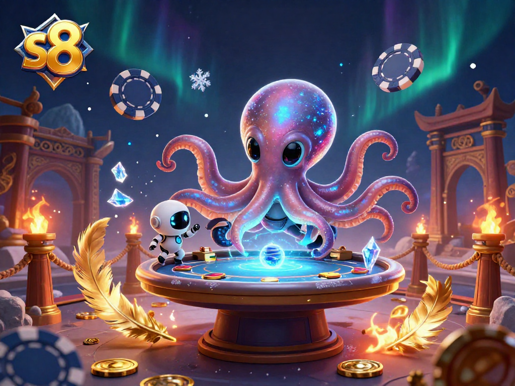 S8 features a 3D cartoon alien octopus managing a poker table, with betting tokens floating around in an exciting scene.