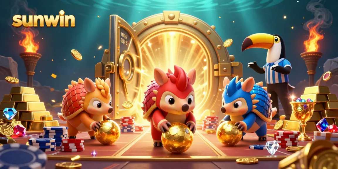 Experience sunwin's thrilling casino action with cartoon pangolins battling amidst gold treasures.
