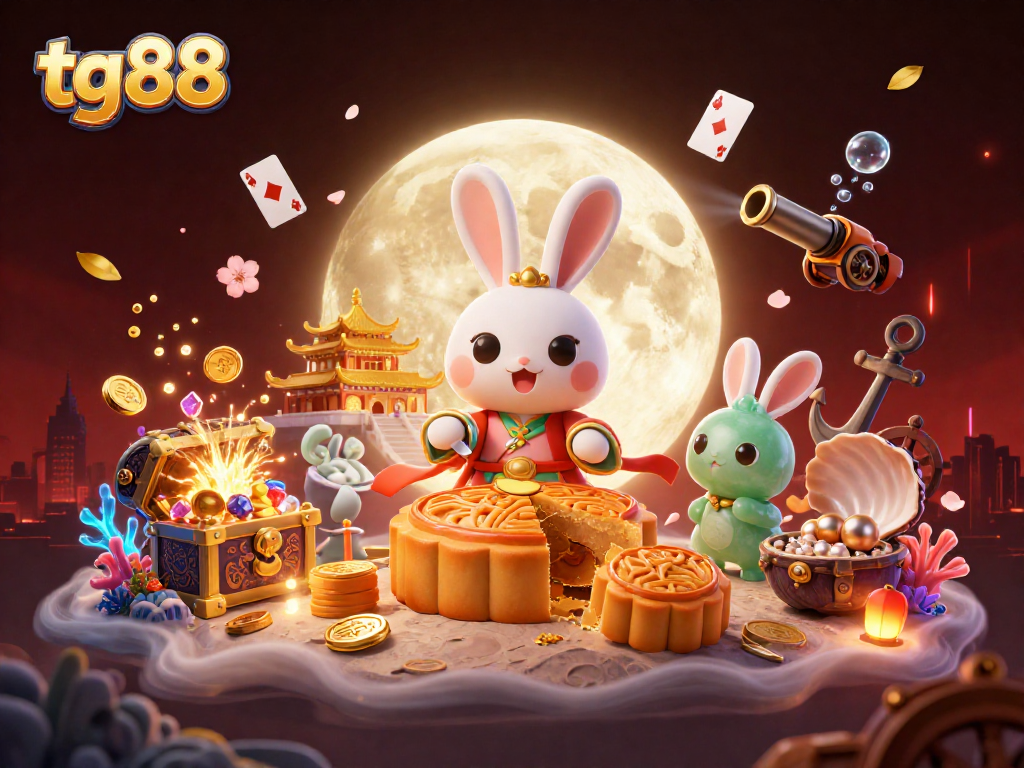 tg88's cartoon moon rabbit reveals casino chips, surrounded by colorful gambling treasures.