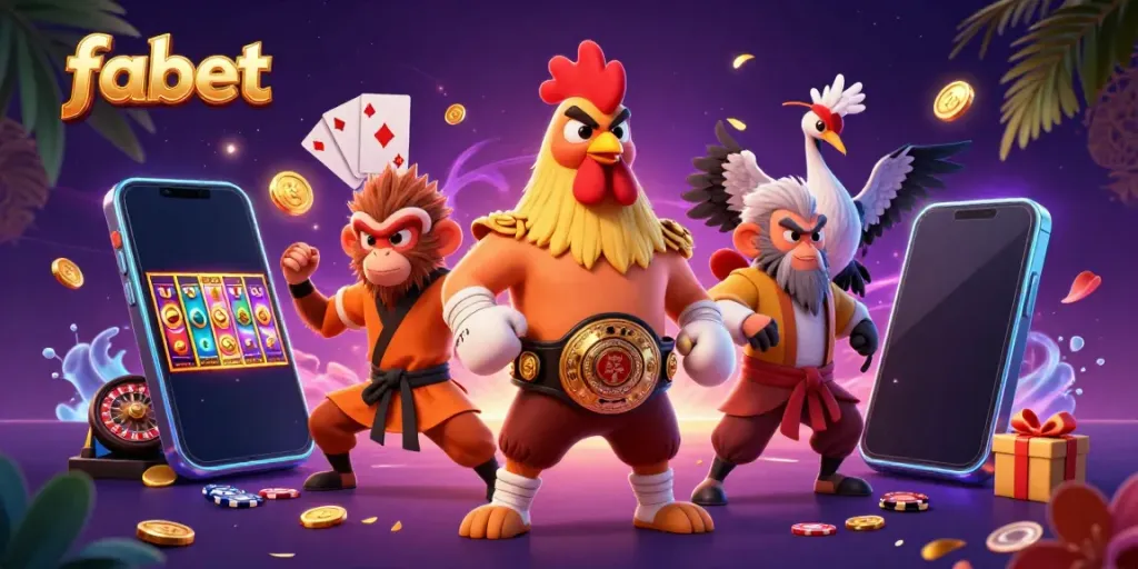 Experience thrilling gaming with fabet through cartoon characters in a lively casino scene.