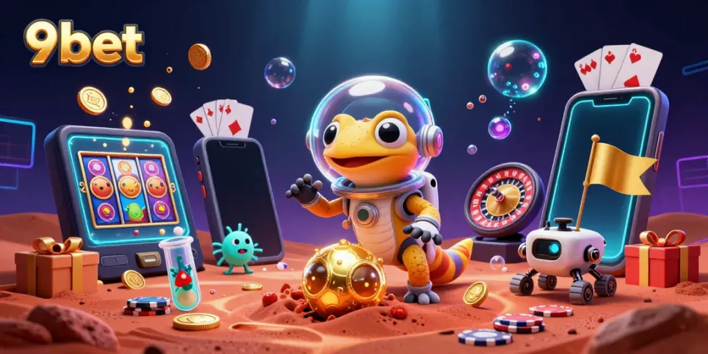 Experience thrilling gaming at 9bet with a vibrant 3D Martian casino scene featuring dynamic symbols.