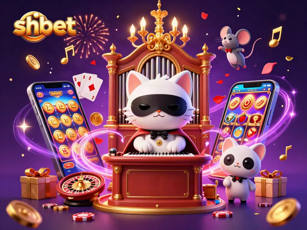 Engage in shbet games as the colorful cat entertains with acrobatics and golden slots.