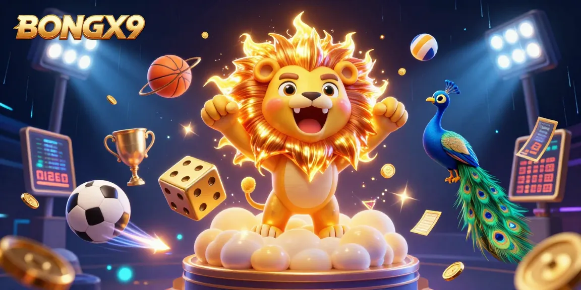 BONGX9 features a dynamic casino scene with a roaring sun lion, golden dice, and vibrant sports elements.