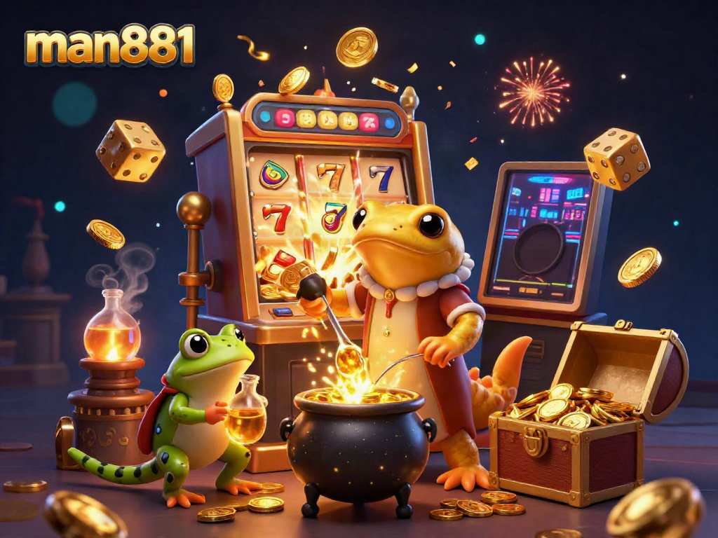 Engage in thrilling gameplay with man881 through this vibrant casino scene featuring slot machines, gold coins, and dynamic characters.