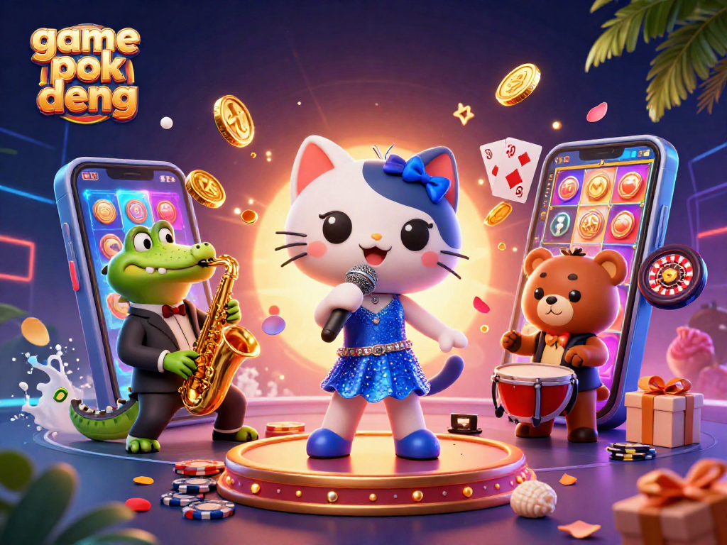 Engage with the game pok deng in this vibrant 3D scene featuring charismatic characters and lively casino elements.