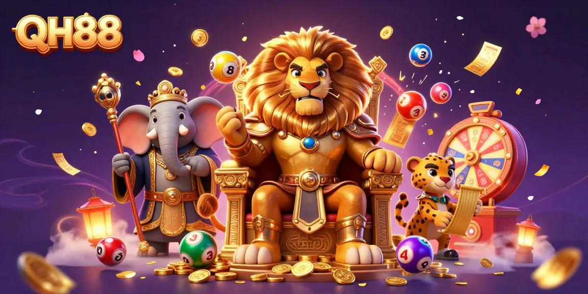 Experience the excitement of QH88 with dynamic characters and gaming elements in this vibrant casino illustration.