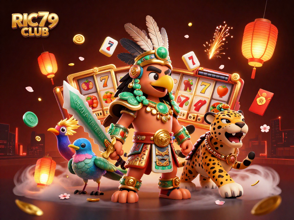 Engage with RIC79 CLUB's vibrant casino experience, featuring dynamic slot elements and warrior characters.
